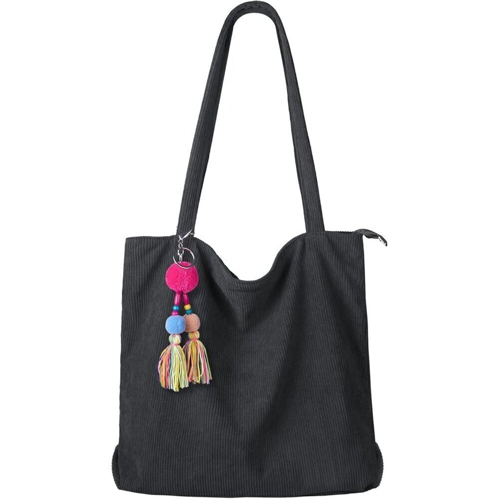 FITDON Corduroy Tote Bag with Zip, Large Capacity Shoulder Hobo Handbag